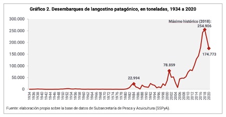 Gráfica de la evolución del desembarque de los langostinos patagonicos